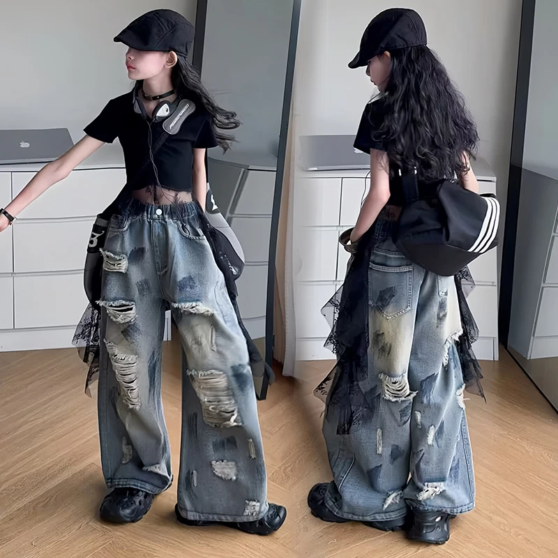 女童蕾丝边T恤2025新款中大爵士街舞美式酷飒脏脏破洞牛仔裤2件套