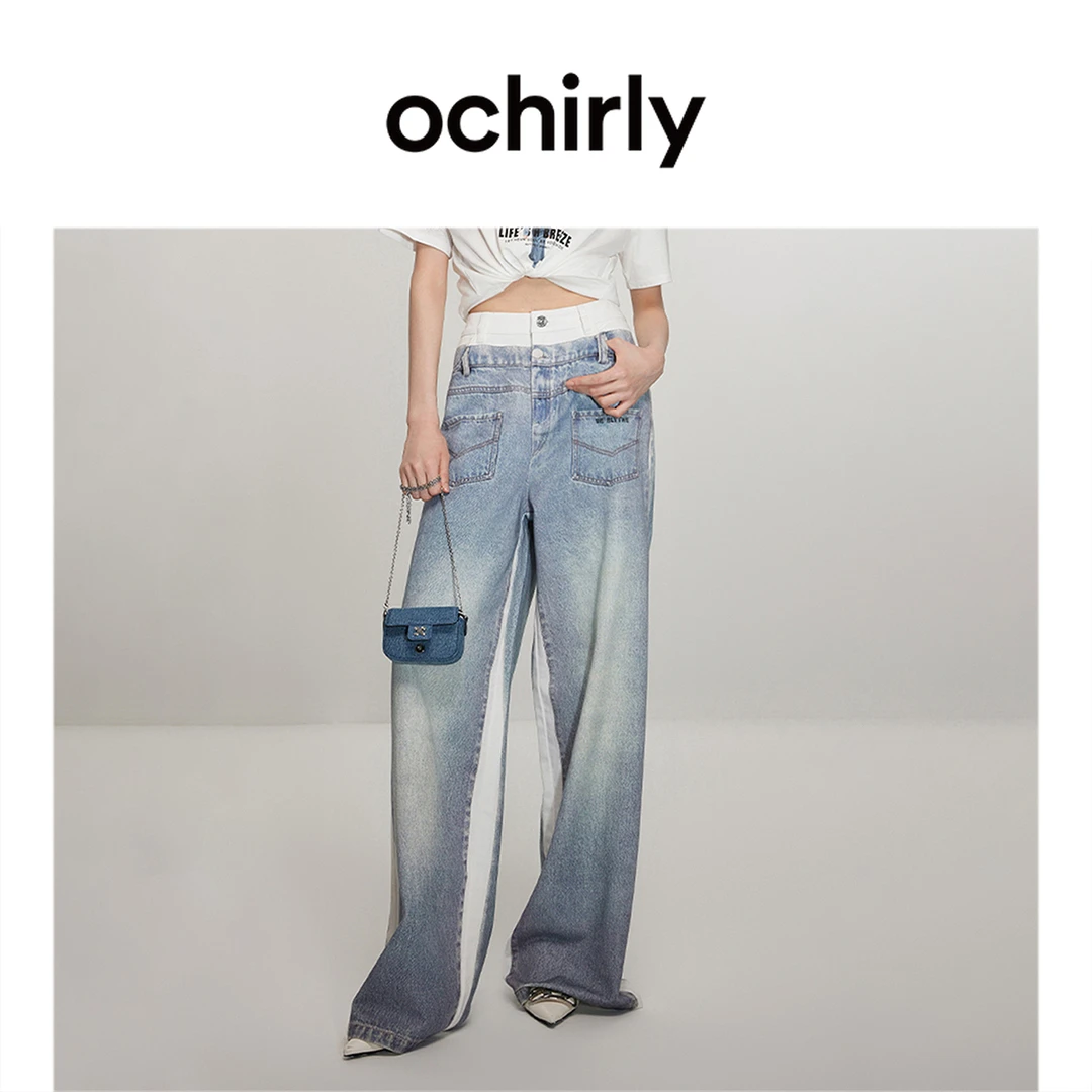【诗语专属】ochirly欧时力 阔腿牛仔长裤女新款早春印花设计感