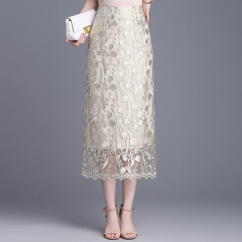 重工刺绣蕾丝裙包臀半身裙2025春夏新款高腰直筒弹力中长款一步裙