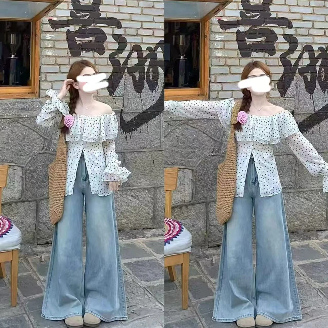 2025春季法式高级感一字肩长袖衬衫荷叶边设计感上衣9688