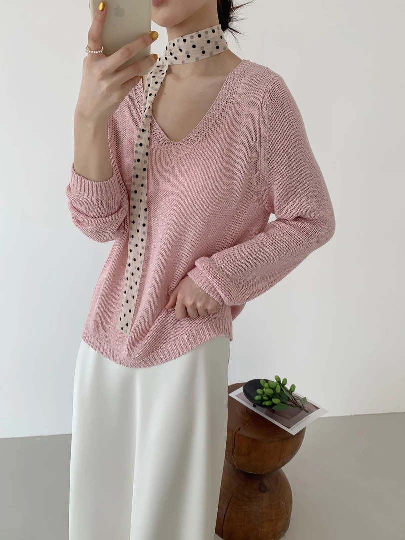 【潘潘.968868】2025年夏新款天爽亚麻V领极简气质款纯色套头针织衫