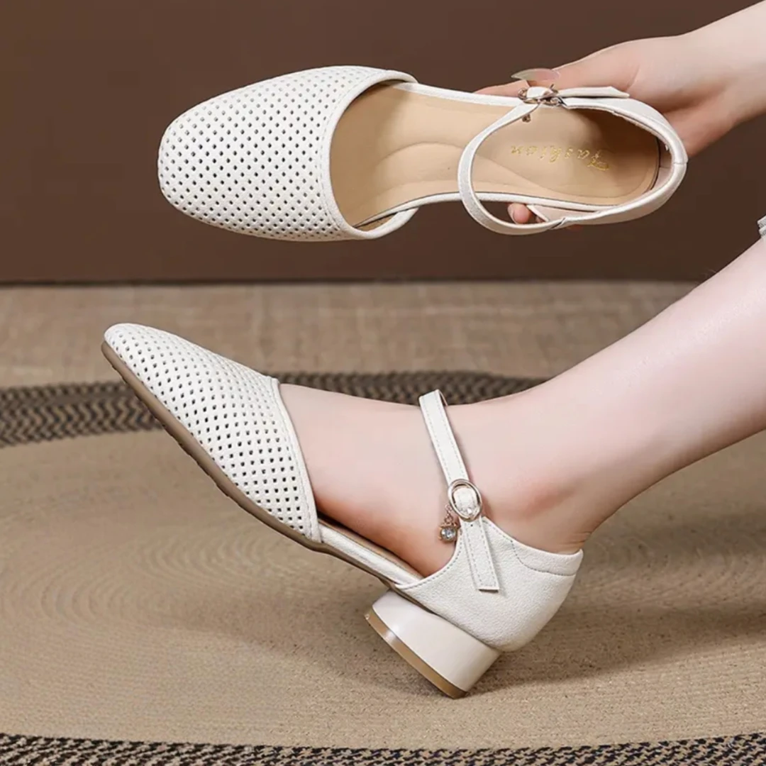 【翘颜品牌】2025夏季新款时尚舒适低跟包头镂空百搭粗跟单鞋1108