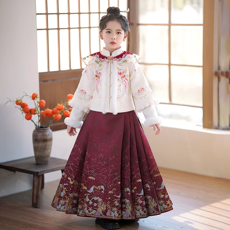 儿童冬季高端红色唐装过年衣服马面裙女童冬装新年喜庆拜年服古装