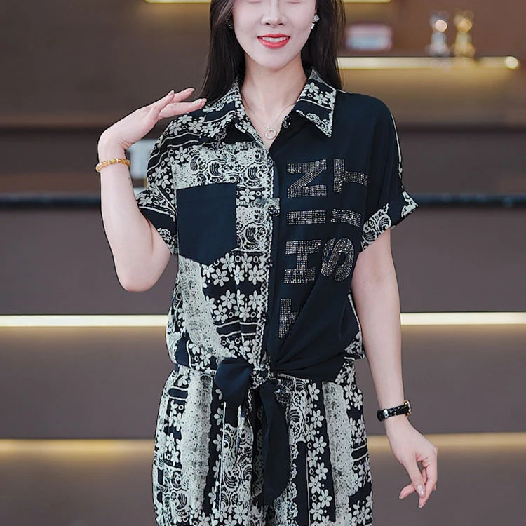 2025夏季新款时尚洋气中年妈妈装百搭气质翻领印花显瘦冰爽丝衬衫