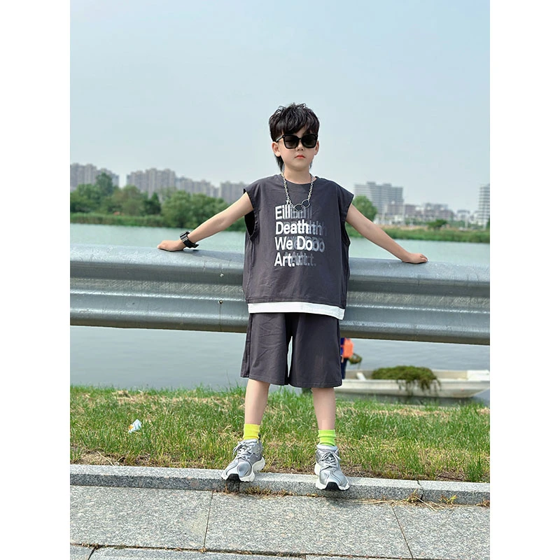 男童时尚夏季新款无袖背心运动套装中大童帅气印花上衣休闲两件套