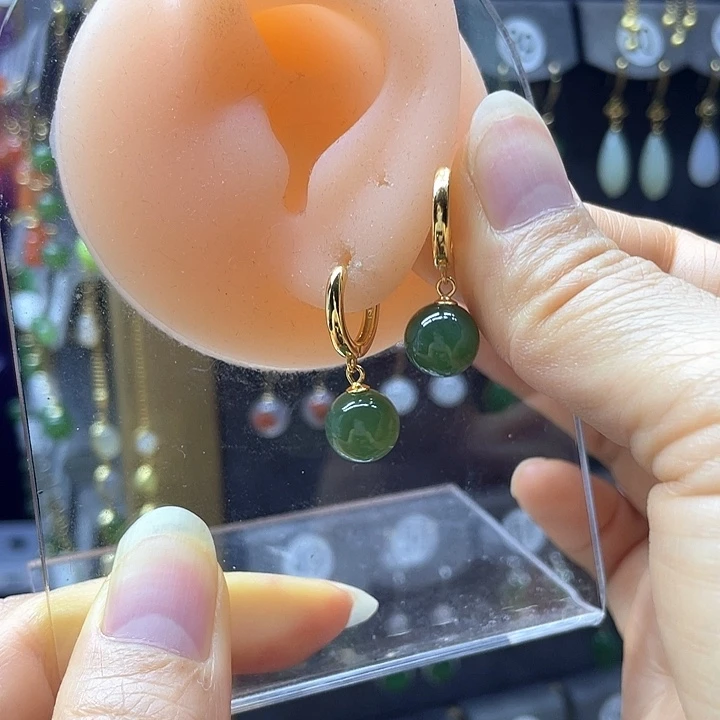 银S925镀金镶嵌和田玉耳饰
