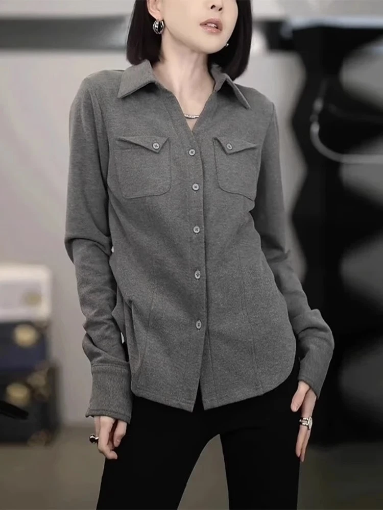 韩版灰色长袖衬衣衬衫外套女秋冬2025新款设计感洋气通勤百搭上衣