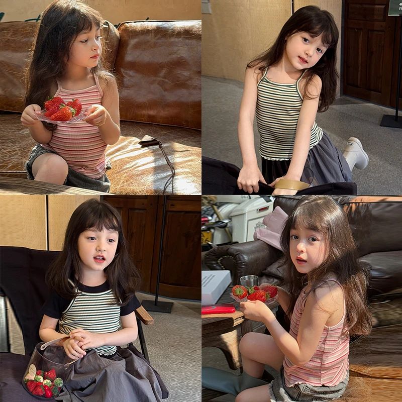 SKB2591女童韩版条纹针织吊带夏装新款儿童百搭高弹力无袖背心潮