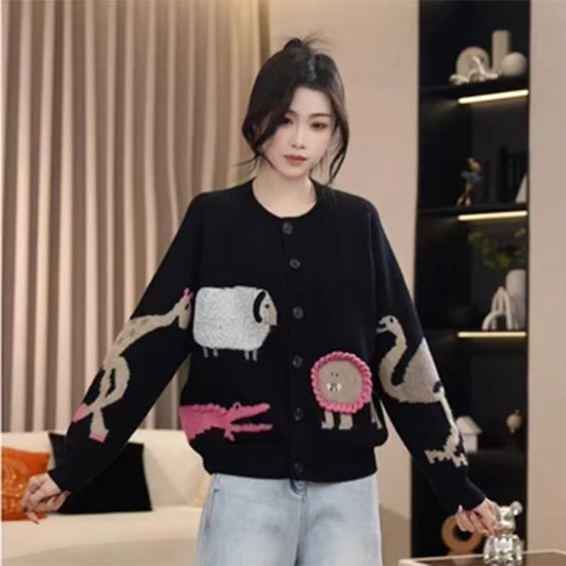 小香风重工气质排扣动物卡通图减龄休闲宽松针织开衫毛衣