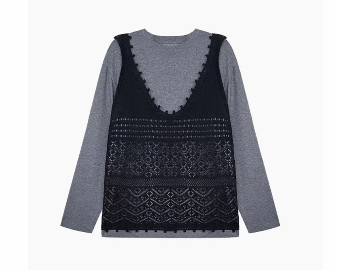 DALIANSU/大脸酥-4675  秋季设计感镂空背心长袖打底衫两件套