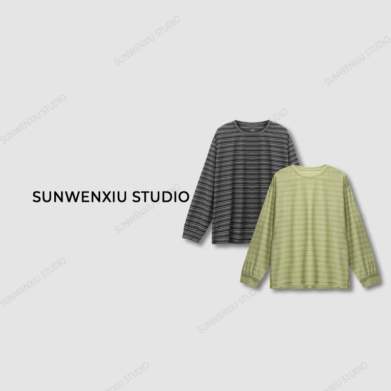 swx studio3店 ”细细条“宽松百搭软绵天丝撞色条纹T恤