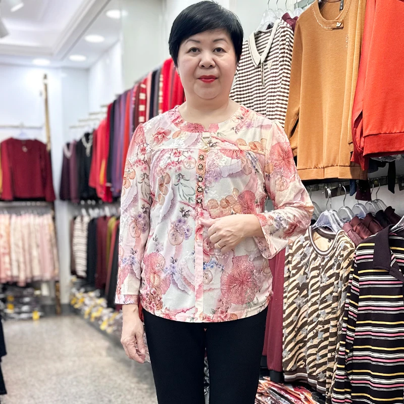 妈妈装春季新款大码碎花长袖衬衣奶奶圆领弹力小衫薄中老年T恤女