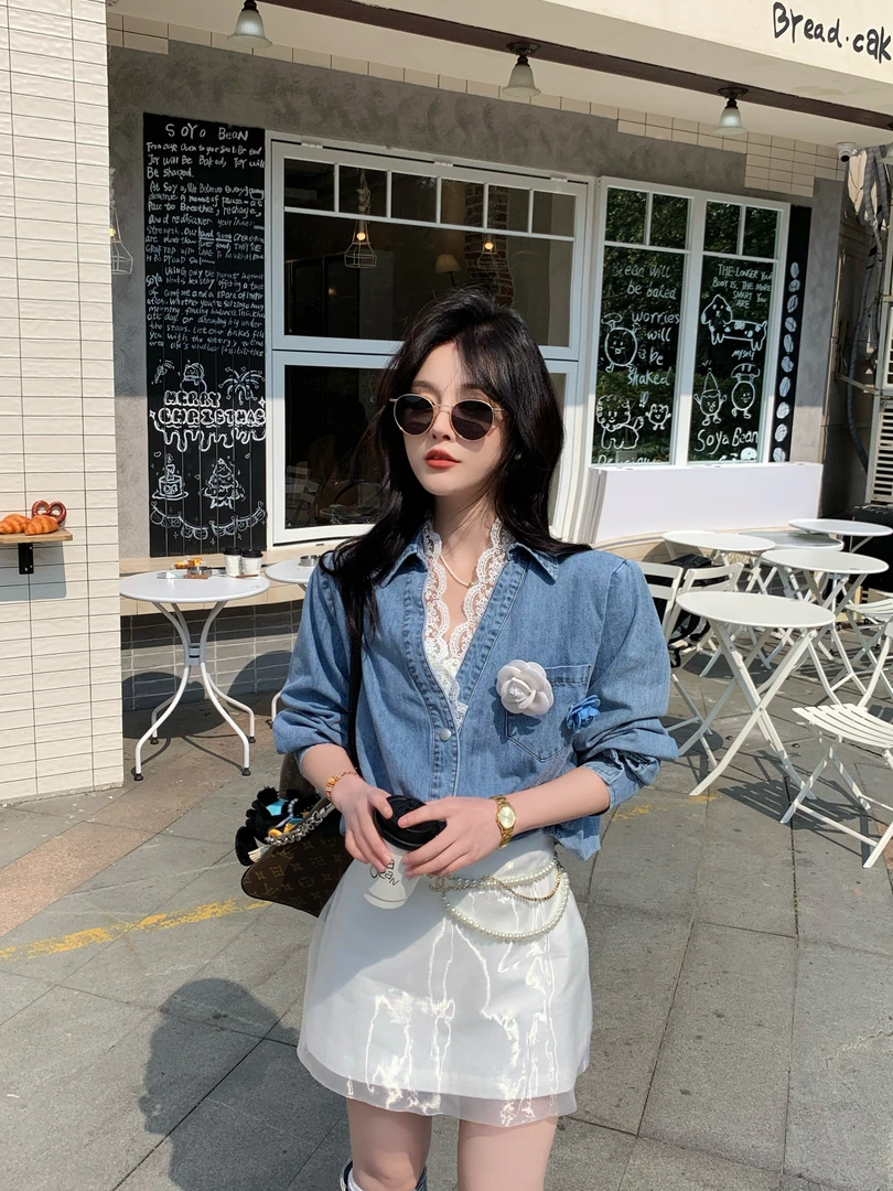 SISTER姐妹家【姐妹自留】V领长袖蕾丝拼接衬衫网纱拼接A字半身裙