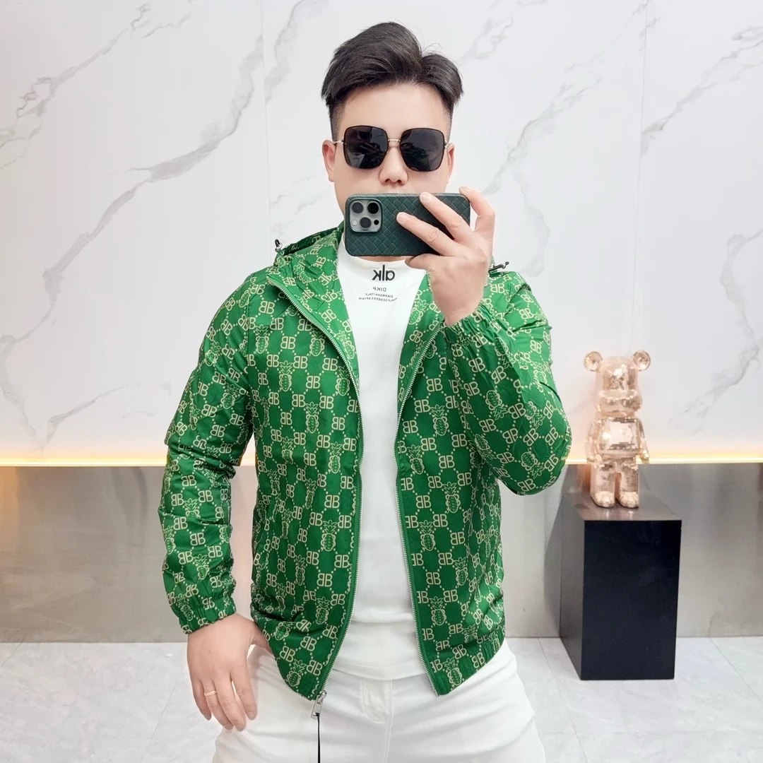 男士时尚潮牌印花连帽夹克春秋新款帅气休闲男装上衣高端修身外套