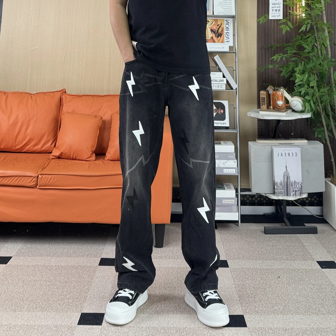 【宽松直筒】秋季黑色贴皮闪电美式高街vibe牛仔裤男潮牌宽松直筒裤