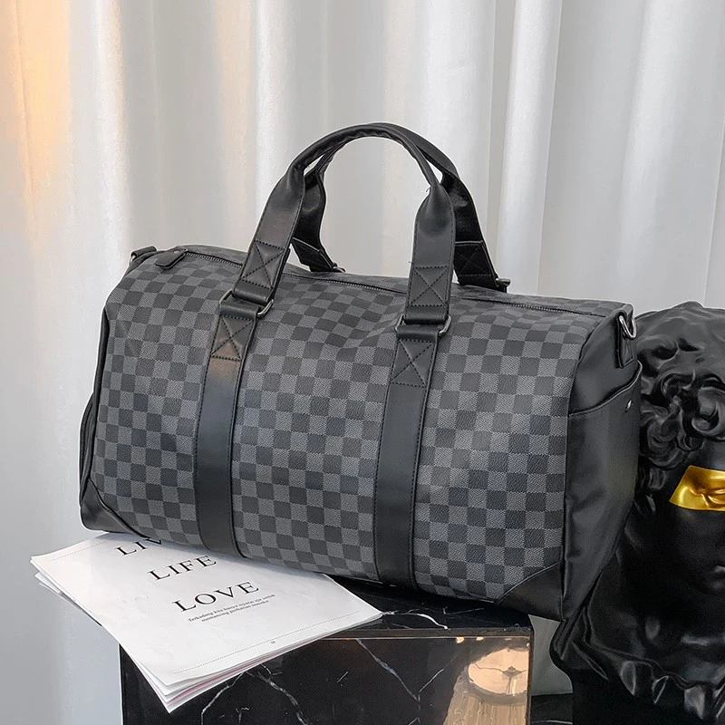 韩版新款旅行包男士大容量短途出差旅行袋时尚格子手提包单肩包