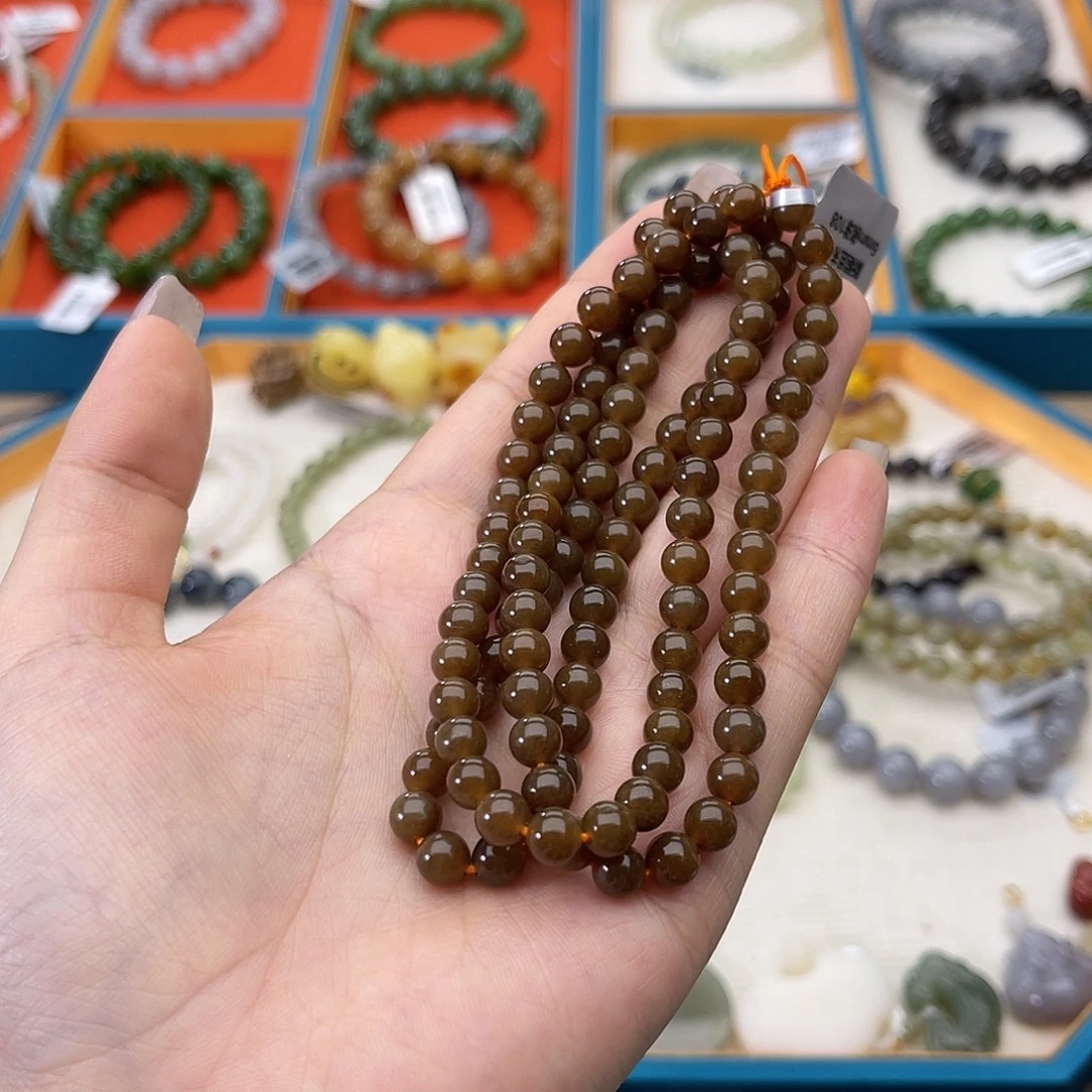 和田玉未镶嵌手串w46新疆红糖6mm108