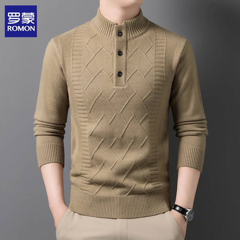 罗蒙男士帅气轻奢修身型加厚毛衣高档纯色立领套头针织针织衫保暖