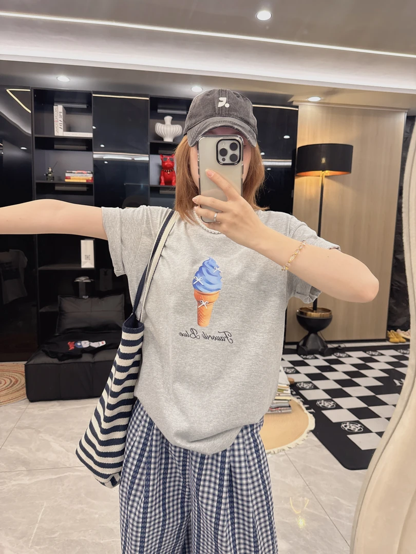 【冰淇凌】夏季ins宽松纯棉短袖t恤女2025新款印花女卡通百搭Q086