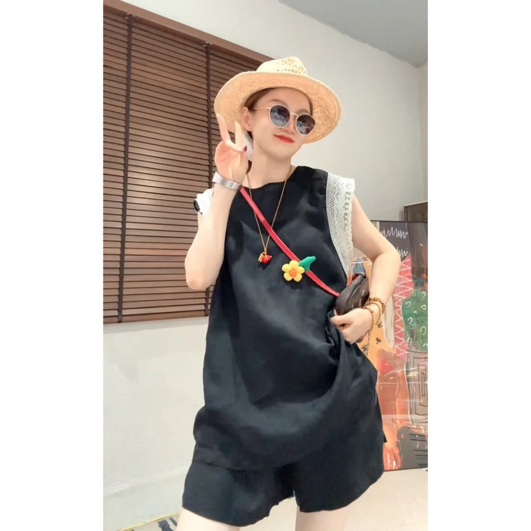 【Z.D.C】镂空花边亚麻套装/显瘦透气宽松