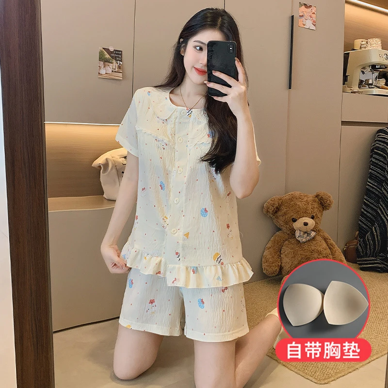 睡衣女夏季短袖云朵棉套装网红风可爱卡通带胸垫开衫家居服2025年