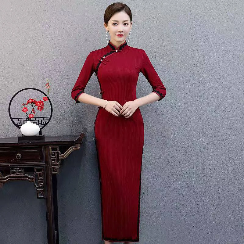 【379】130cm长款气质春夏季重工旗袍