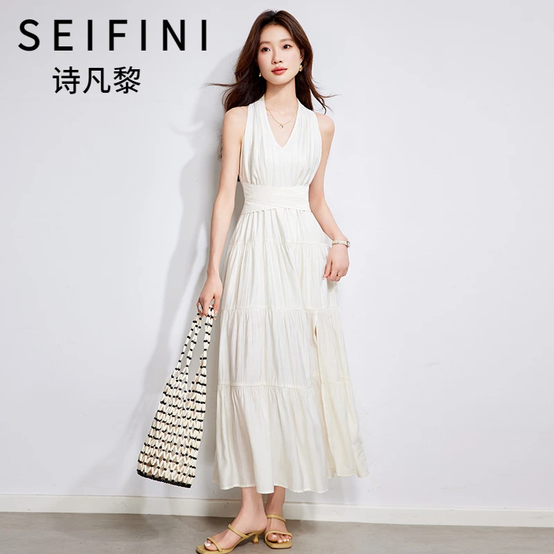 SEIFINI/诗凡黎折扣女装气质优雅连衣裙法式设计感显瘦V领长裙潮