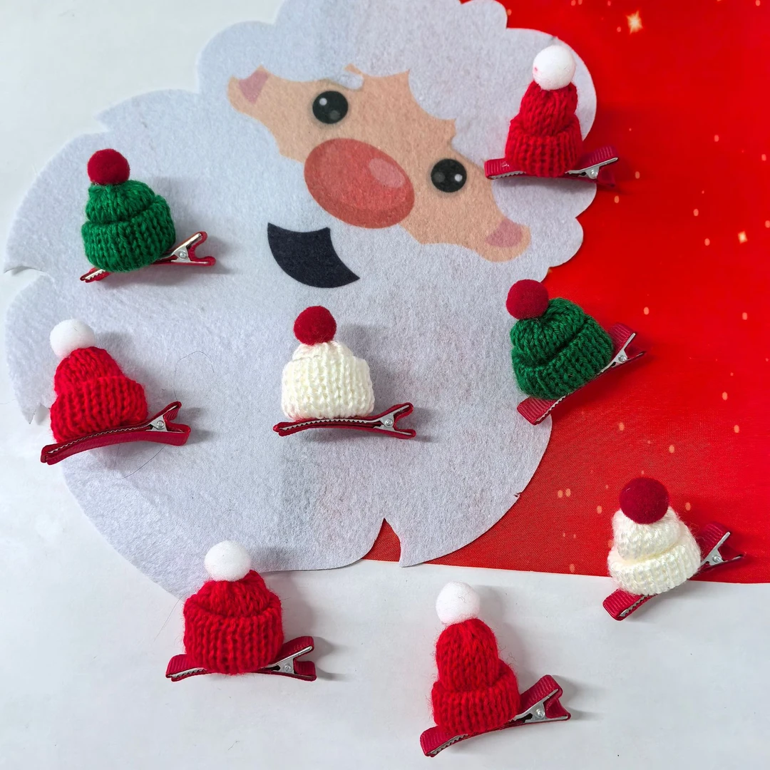 圣诞节手工毛线迷你小帽子围巾发夹发饰红色秋冬夹子头饰饰品diy