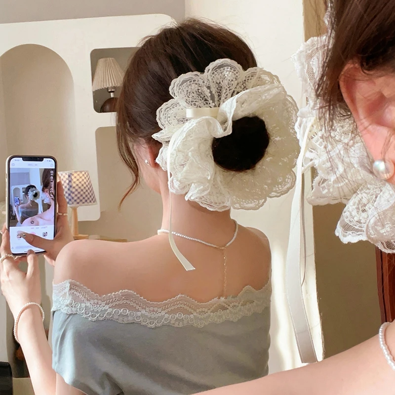 超仙刺绣蕾丝抽绳绑带大肠发圈女2025新款扎丸子头发绳氛围感头饰