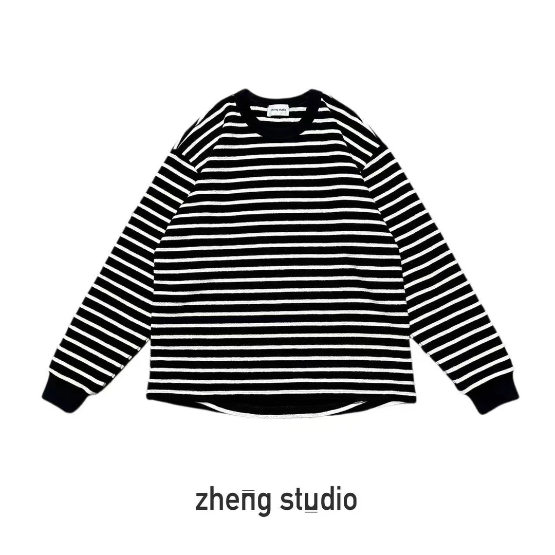#9763 肌理感定织 黑白条纹长袖