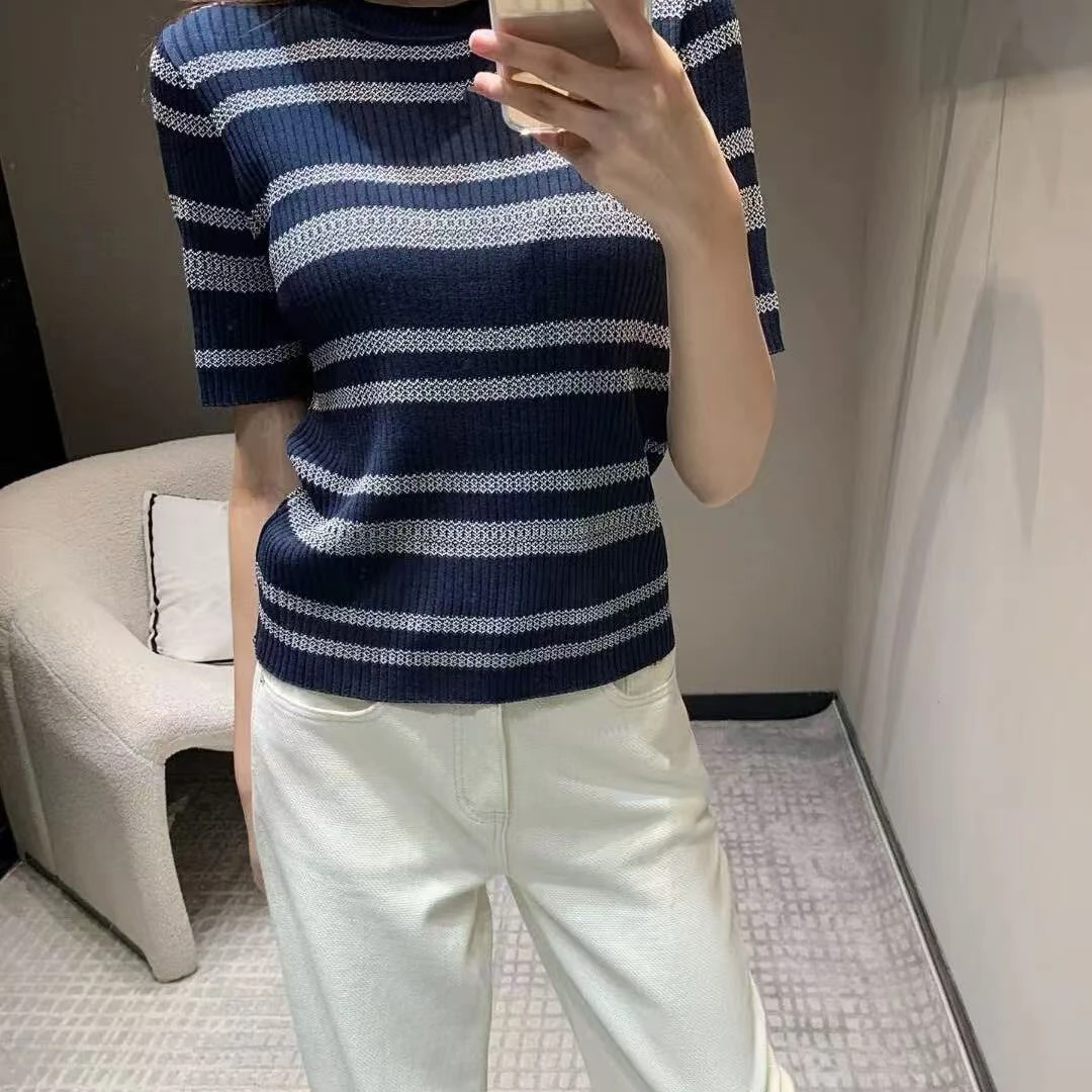 25早春新款条纹撞色时尚休闲圆领针织短袖女款1330