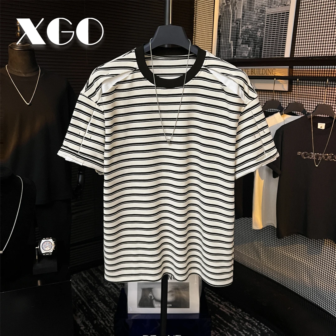 【XGORAD】夏季高定条纹撞色拼接明线设计休闲冰感棉圆领短袖T恤