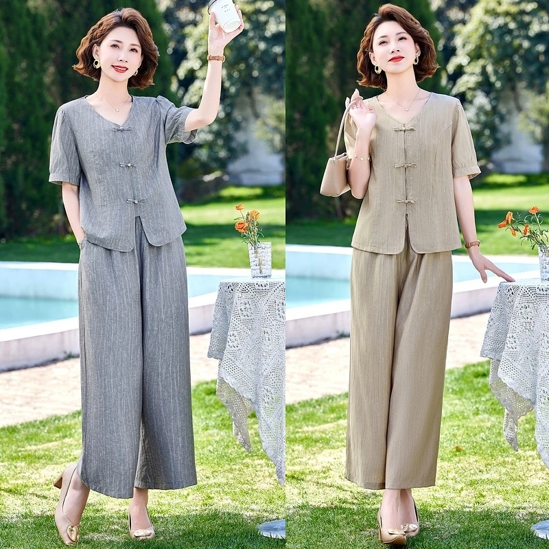 中年妈妈夏装套装新中式衬衫2025新款中老年女装夏季国风短袖上衣