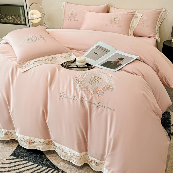 思敬博2025新款纯棉全棉长绒棉刺绣绣花加厚高档磨毛四件套-叶语