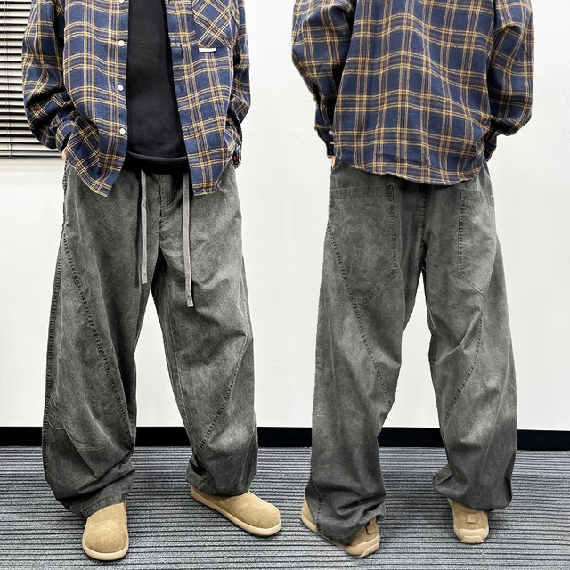 男士夏季薄款牛仔裤直筒大码水洗复古慵懒垂感工装裤美式阔腿裤男