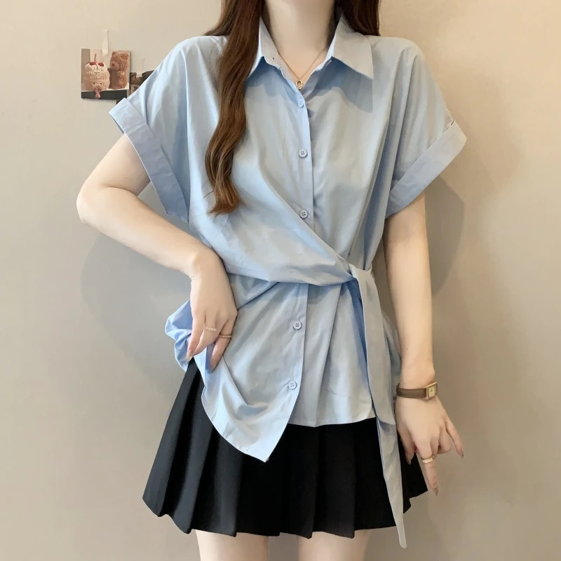 大码女装设计感不规则系带短袖衬衫夏季新款胖mm遮肉显瘦百搭上衣