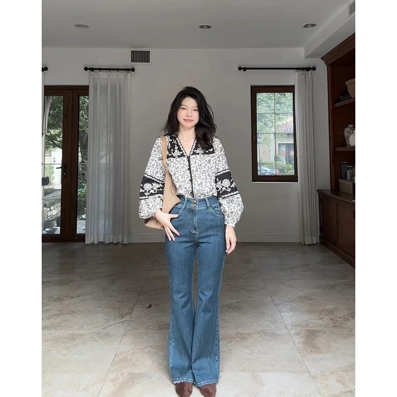 郭九九呢 100%棉复古重工绣花显瘦衬衫高腰微喇牛仔裤 G925C14833