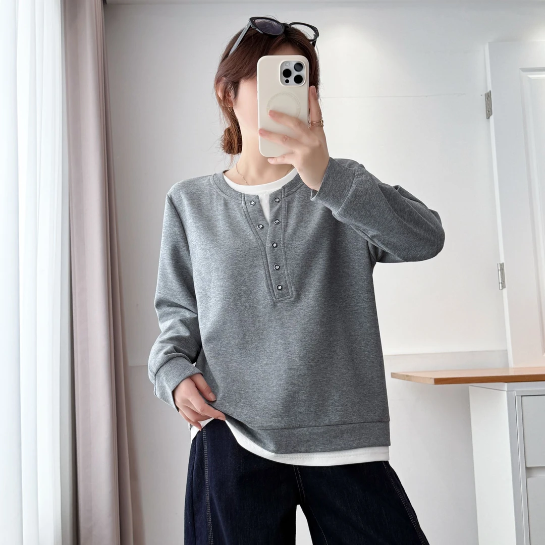 宽松假两件女装卫衣早秋季新款大码胖mm显瘦长袖打底衫拼色上衣