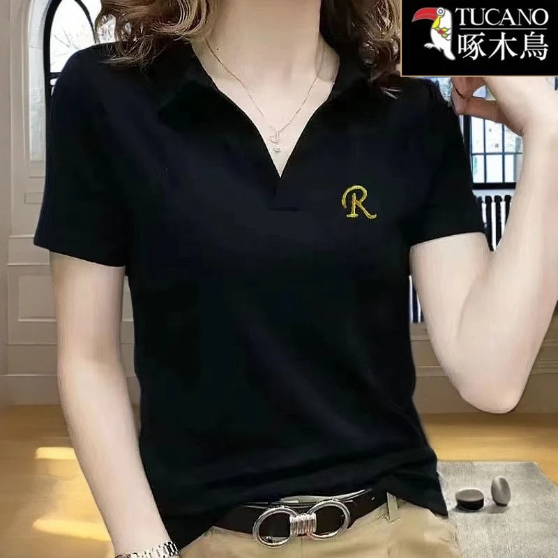 啄木鸟夏季翻领短袖刺绣t恤2025年新款韩版女士修身显瘦百搭上衣