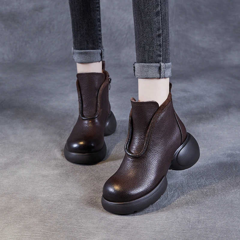 秋冬厚底复古文艺女靴24X909新真皮圆头高跟侧拉链休闲短筒马丁靴