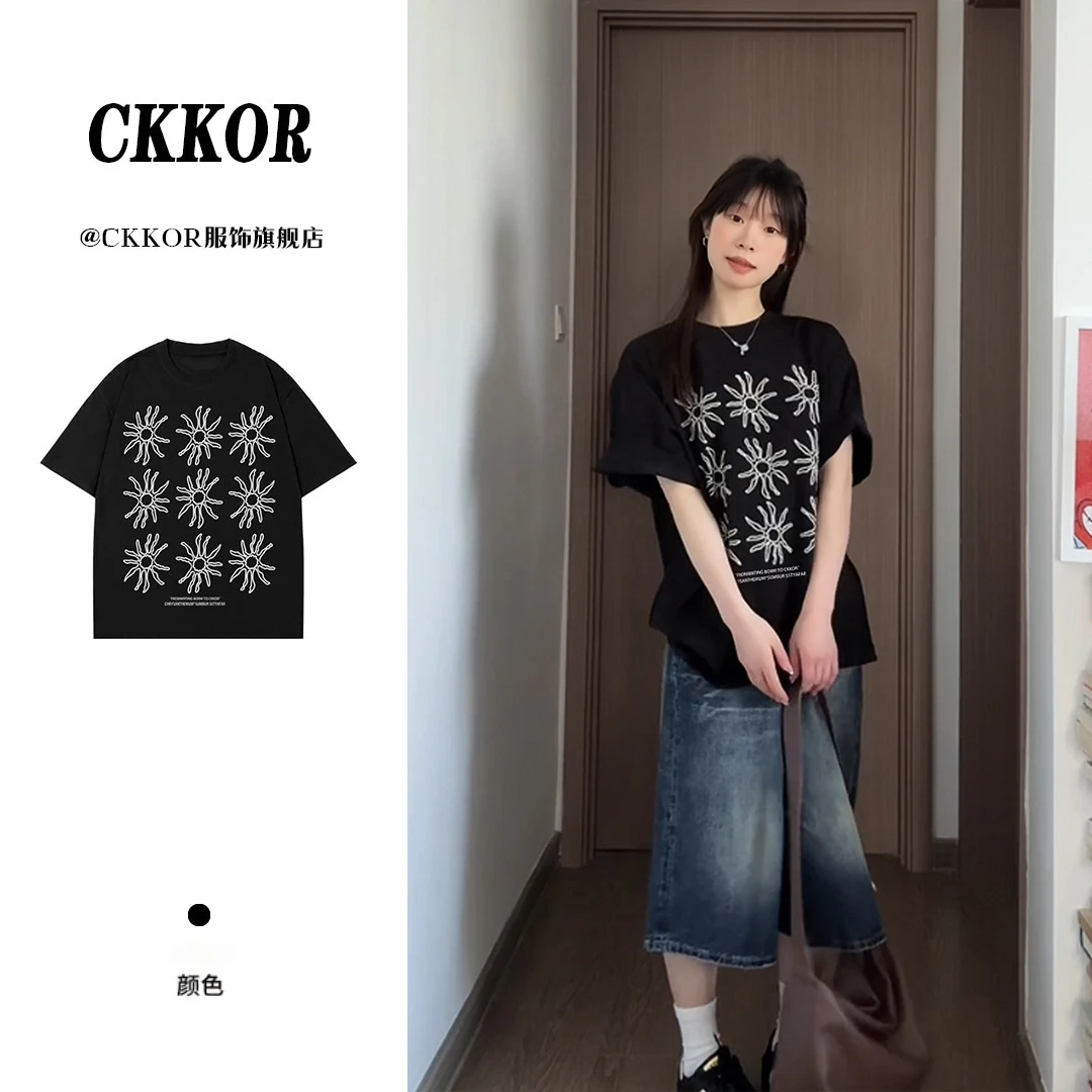 CKKOR夏季新款圆领舒适短袖t恤女美式潮牌设计感时尚百搭气质衣服