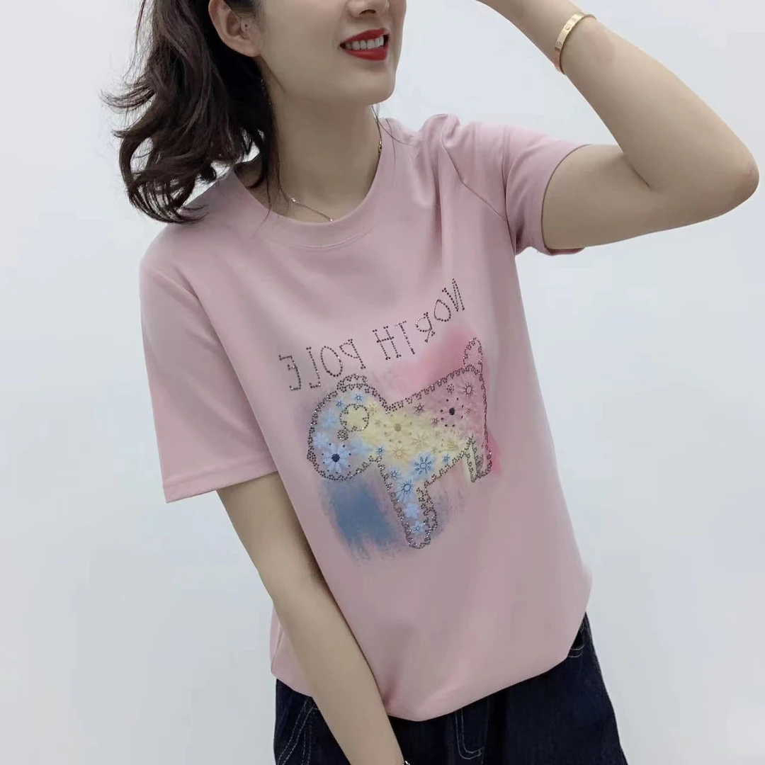 新款卡通烫钻百搭女士圆领短袖