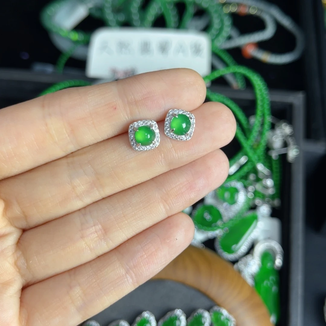 翡翠银S925镶嵌戒指蛋面耳钉