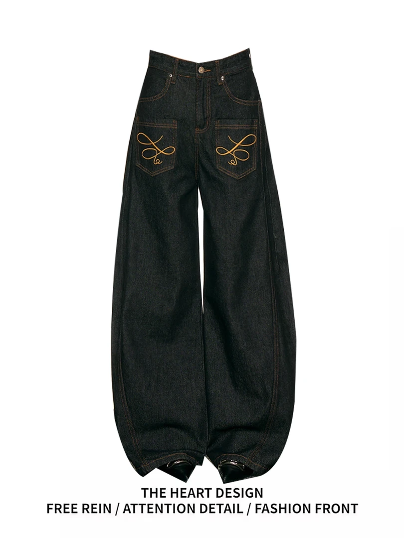 美式复古反穿刺绣牛仔裤女秋季设计感高腰垂感弯刀阔腿裤子