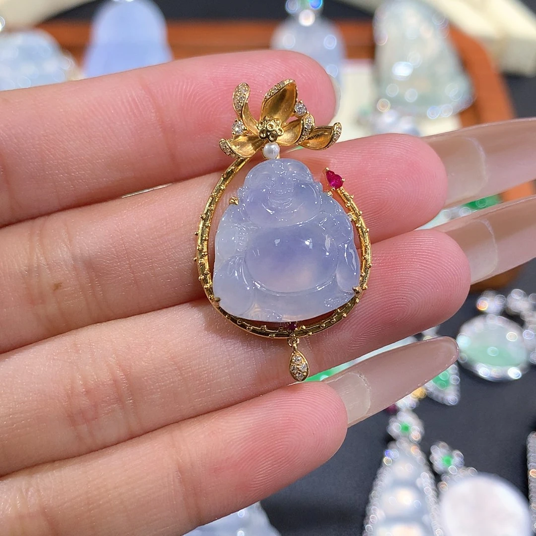 翡翠18K金镶嵌颈饰冰紫布袋佛