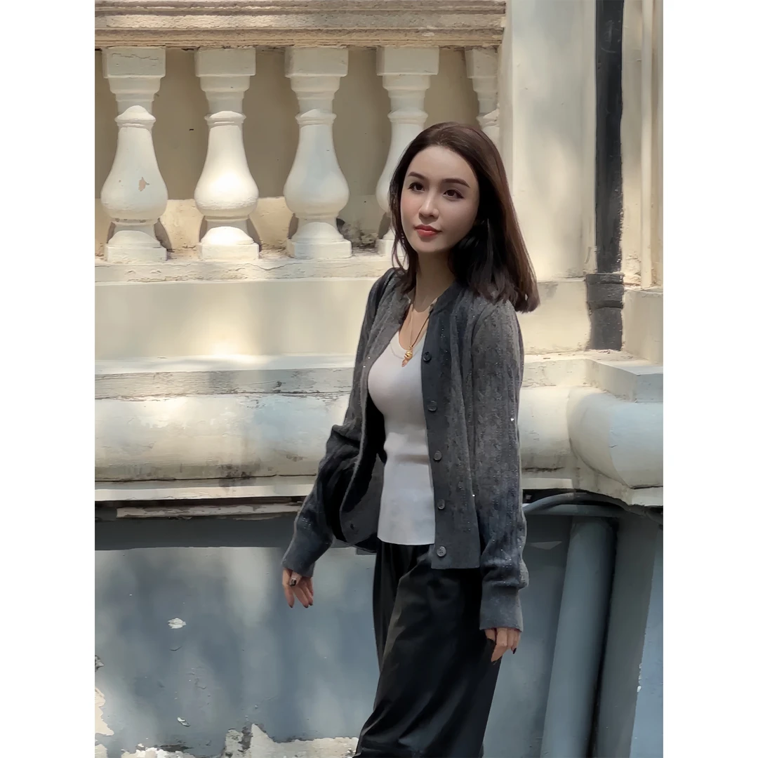 JESSICA WU麻花编织银色闪丝细腻点缀圆领羊绒针织开衫254504075