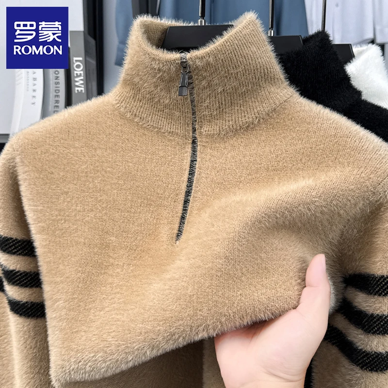 罗蒙2025秋冬男士立领半拉链针织衫时尚百搭加绒打底衫保暖毛衣男