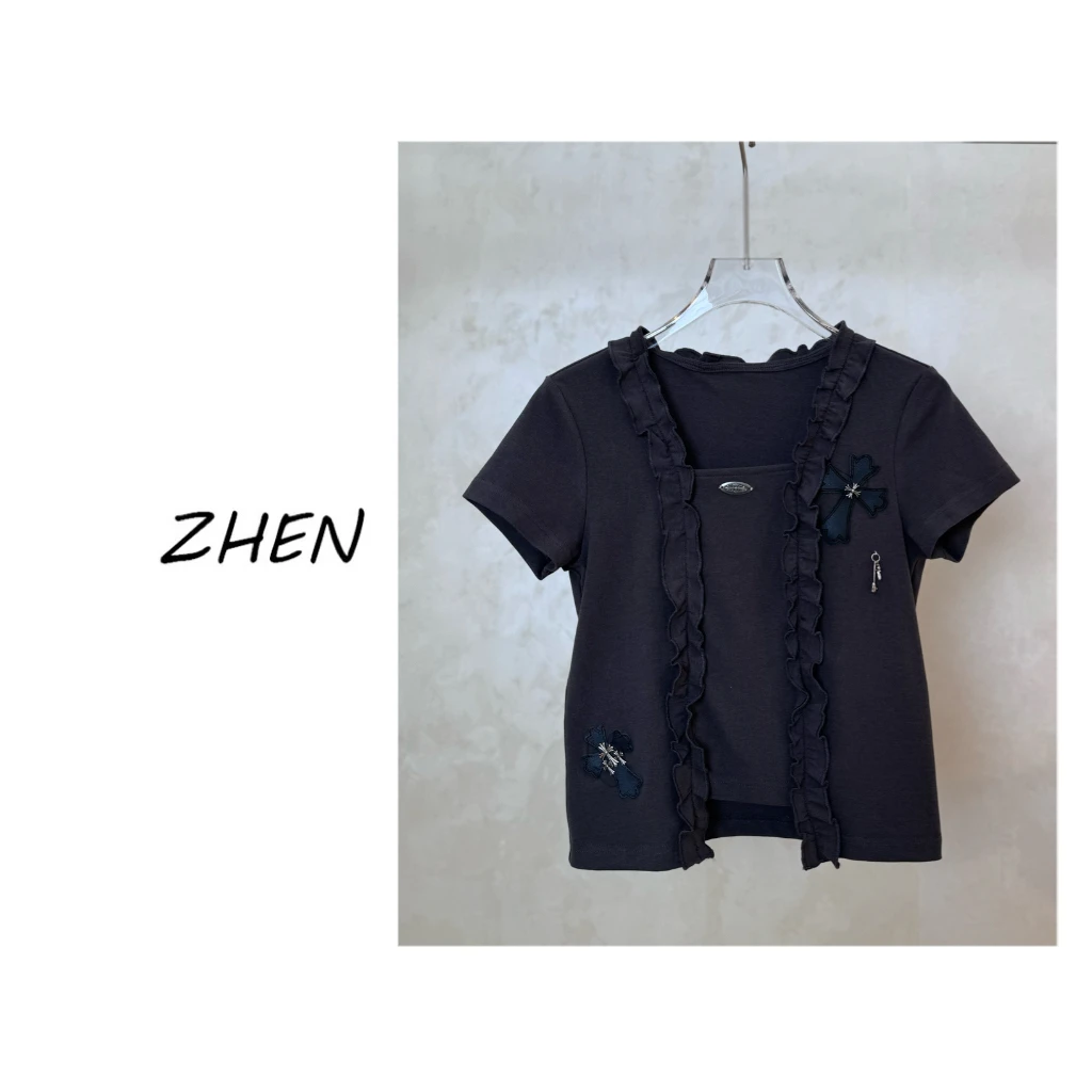 【ZHEN】25K00207 2025新款修身显瘦气质小众设计师款短袖T恤打底