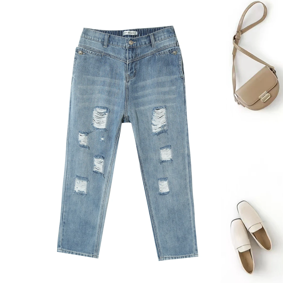 破洞设计感百搭潮裤复古做旧水洗休闲牛仔裤男女同款春秋1F587