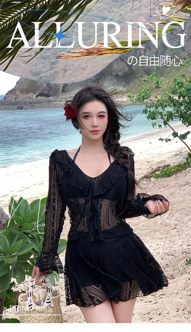 辣妹性感透视黑色比基尼泳衣女三件套大码微胖mm显瘦沙滩温泉度假